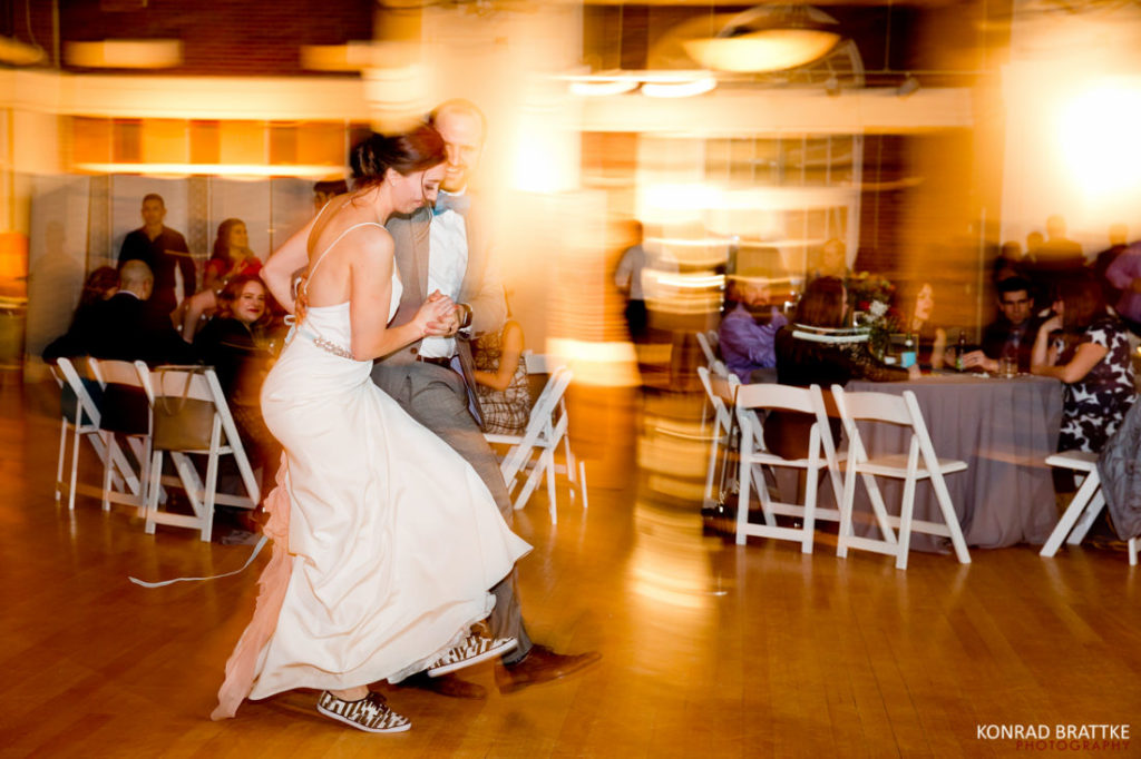A bride and groom dancing at a wedding reception at the Prospect Park Picnic house.