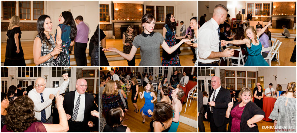 A collage of pictures of people dancing at a Prospect Park Wedding.