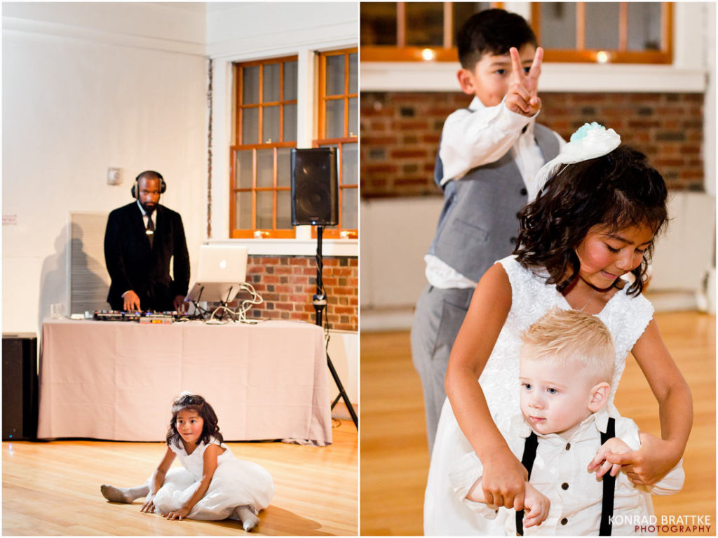 Two pictures of a little girl dancing at a Prospect Park Wedding.
