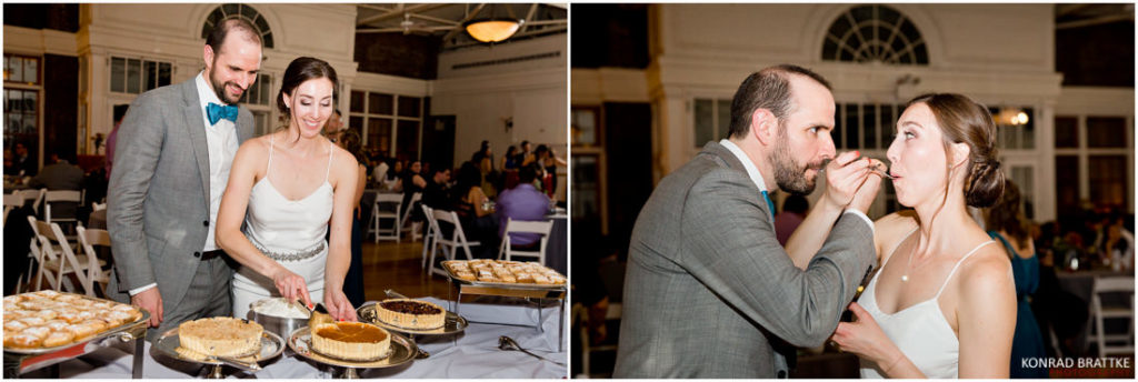 Two pictures of a bride and groom cutting a piece of cake at their Prospect Park Wedding.