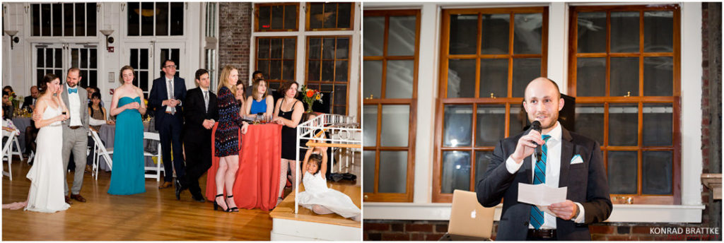 A group of people standing in front of a room with a microphone during a Prospect Park Wedding.