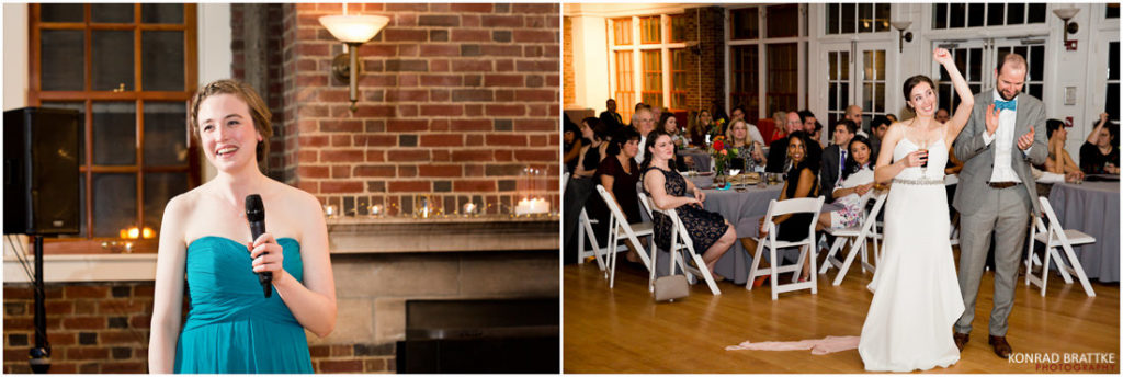 A bride and groom singing at their wedding reception.