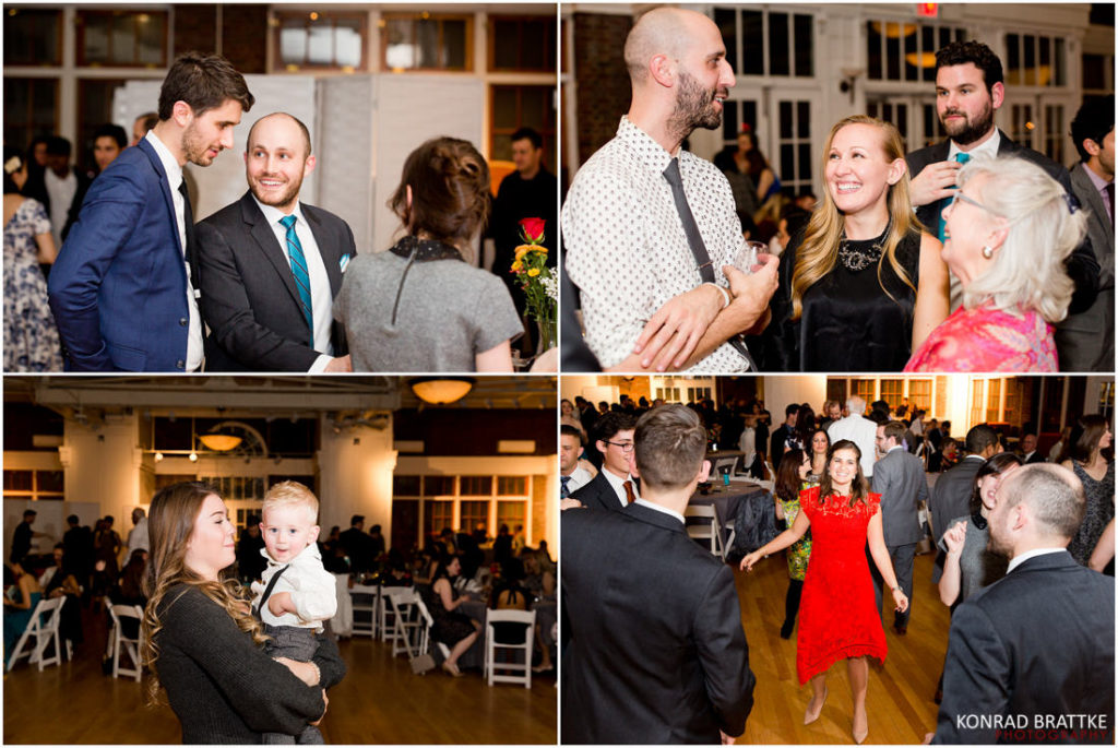 A collage of photos of people at a wedding reception.
