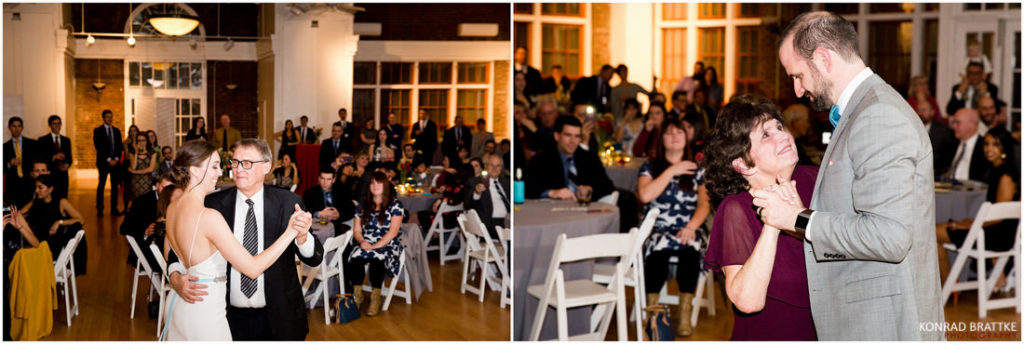 A bride and groom dance at a wedding reception.