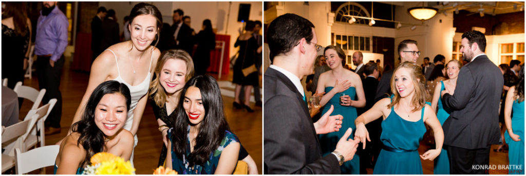 A group of people are dancing at a Prospect Park wedding reception.