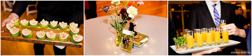 A group of pictures capturing the exquisite display of food at a Prospect Park Wedding.