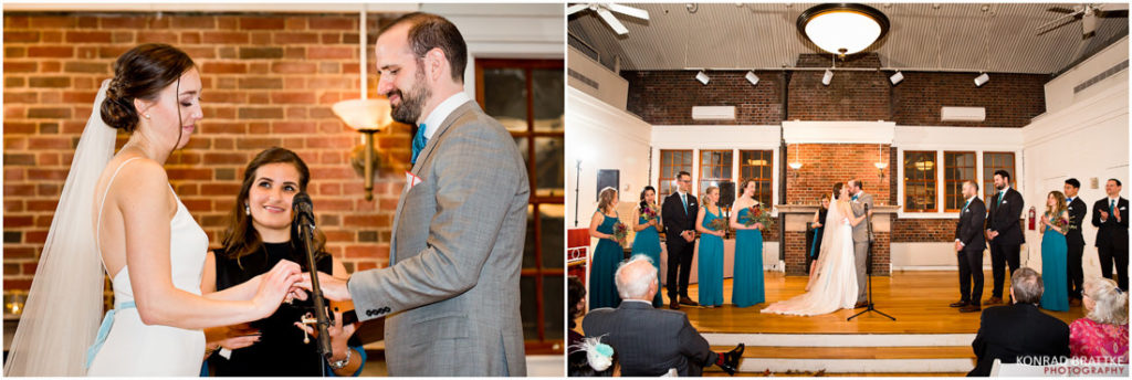 A bride and groom exchange vows at their intimate Prospect Park Wedding ceremony, set against the backdrop of a picturesque brick wall.