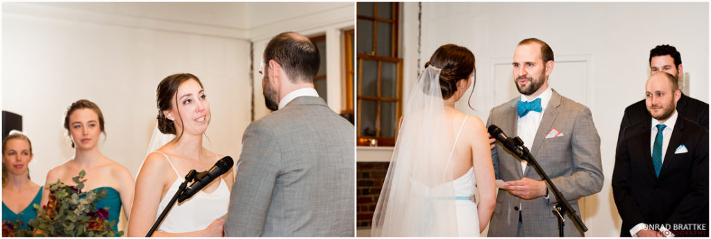 A couple, bride and groom, gaze at each other lovingly during their Prospect Park wedding ceremony.