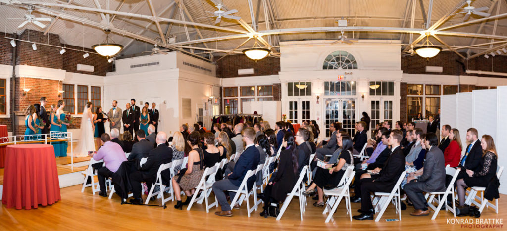 A crowd of people sitting in chairs at a Prospect Park wedding.