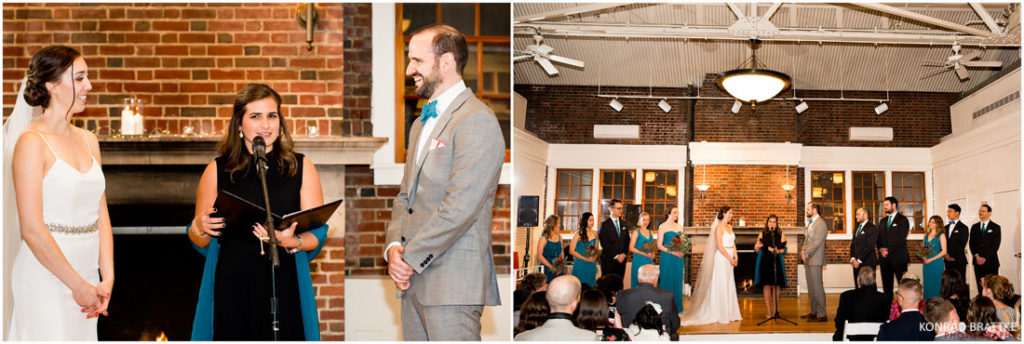 A bride and groom exchange vows in front of a beautiful brick fireplace at their Prospect Park wedding.