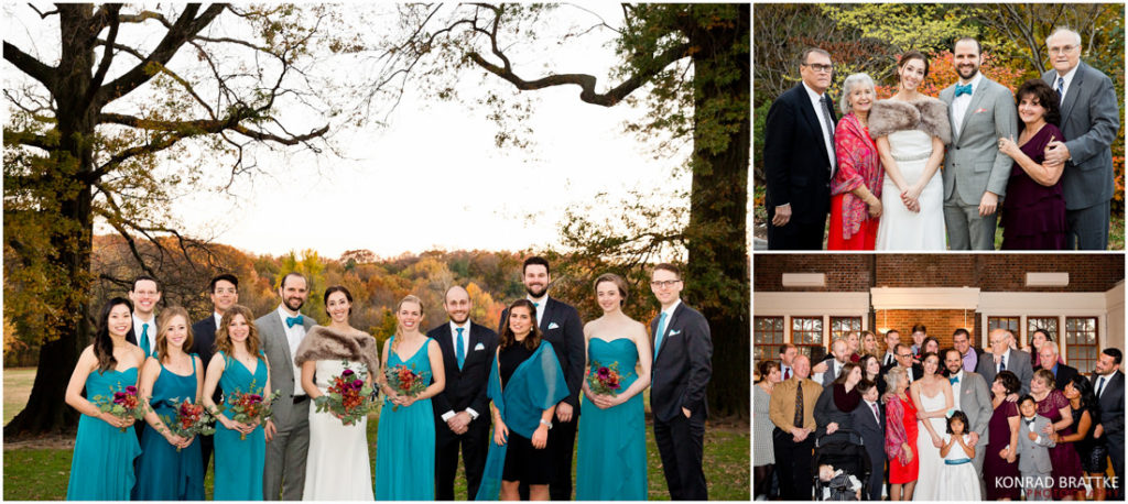 A collage of Prospect Park wedding party photos in front of a tree.