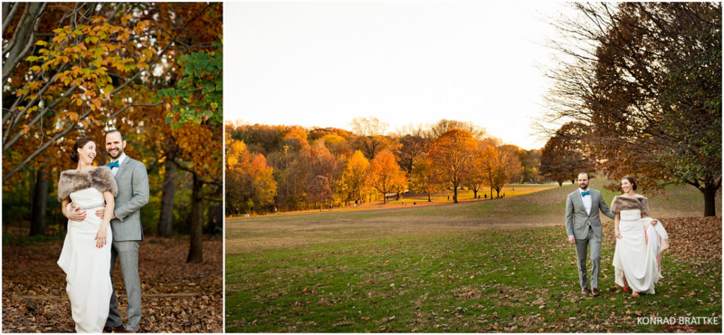 A bride and groom standing in Prospect Park with autumn leaves.