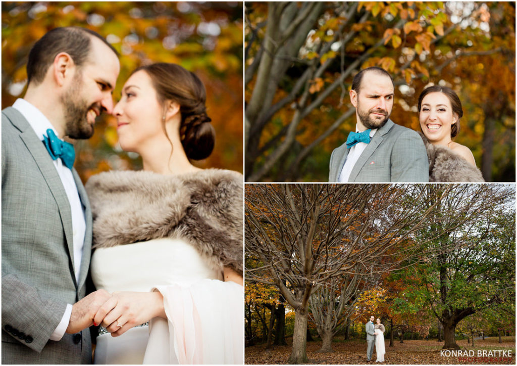 A couple is posing in front of a tree on their Prospect Park wedding day.