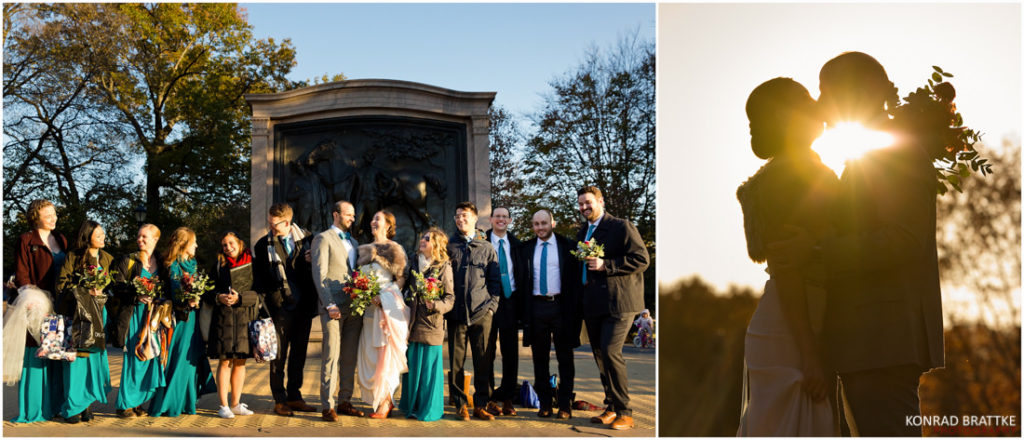 A group of bridesmaids and groomsmen are posing in front of the Prospect Park monument.