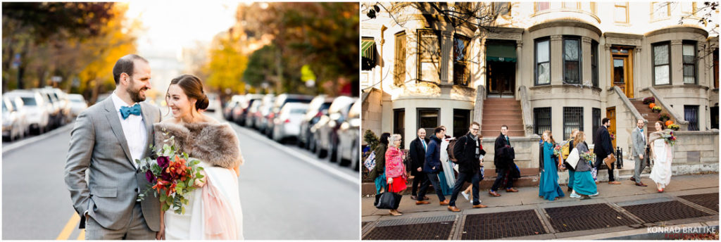 A bride and groom are walking down the street in front of Prospect Park, befor their wedding ceremony.