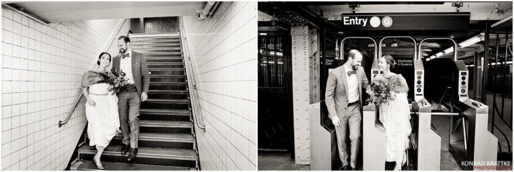 Two black and white photos of a bride and groom on their wedding day at a subway station near Prospect Park.