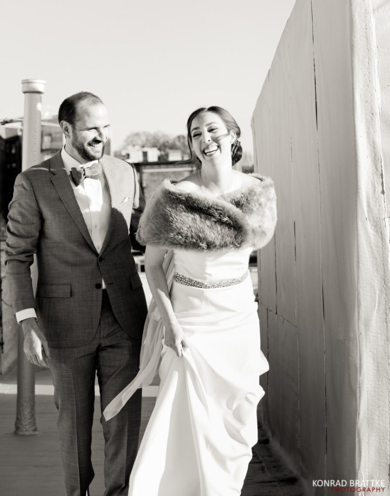Black and white photo of a bride and groom.