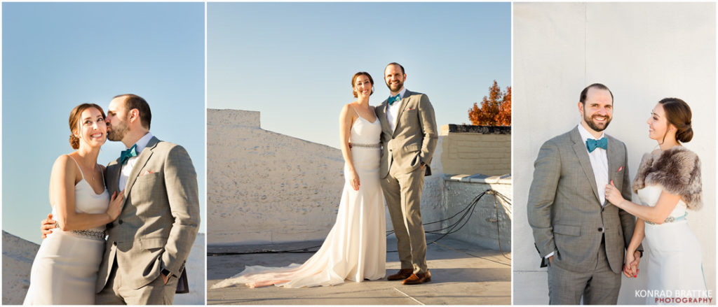A bride and groom enjoy posing on the roof of a building.