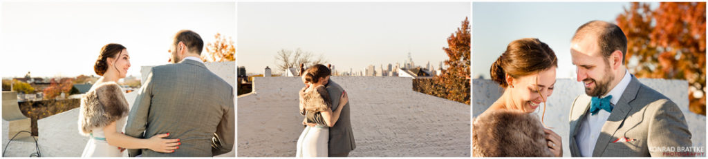 Three pictures of a bride and groom embracing on a roof at their Prospect Park wedding.