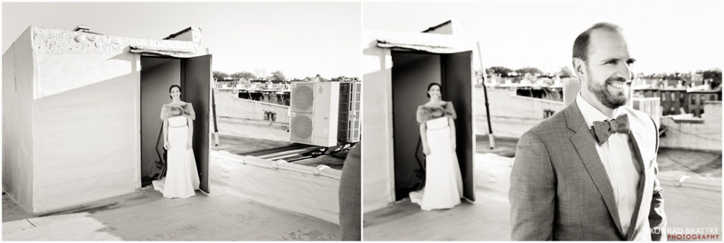 Two photos of a bride and groom standing on the roof on their wedding day.