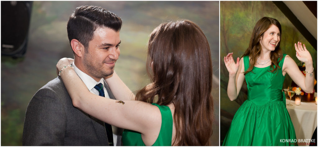 At a Boathouse Wedding. a woman in a green dress is dancing with a man in a suit.