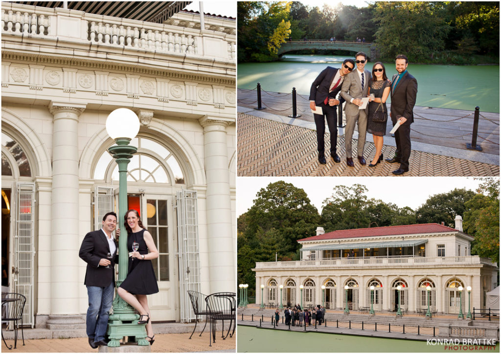 Three pictures of people posing in front of a Boathouse Wedding venue.