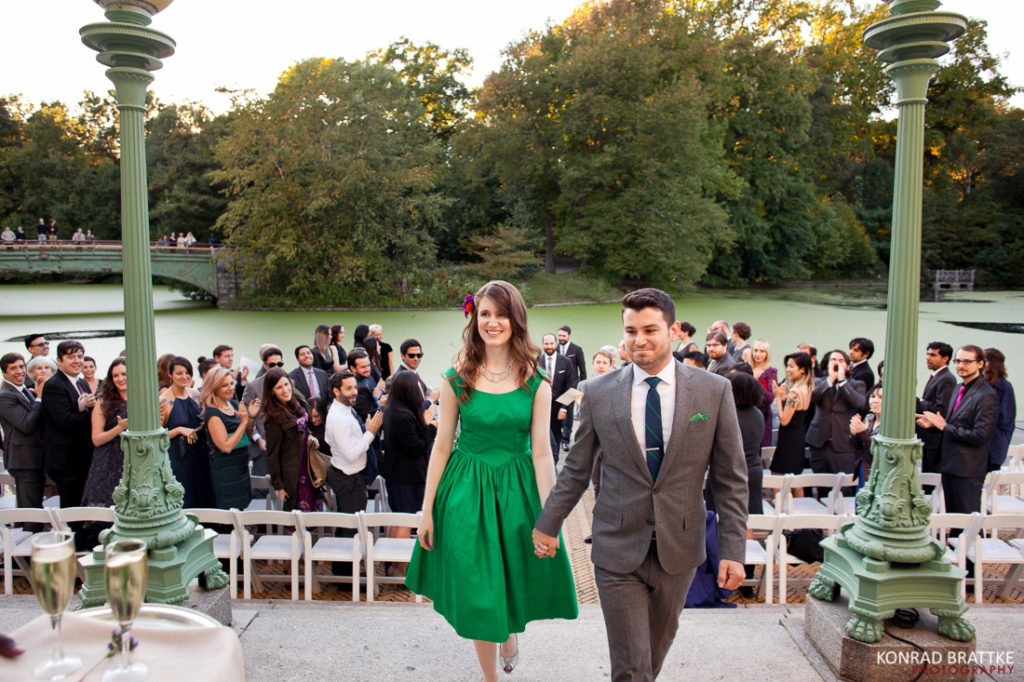 A bride and groom walking down the aisle at a Boathouse Wedding in Prospect Park.