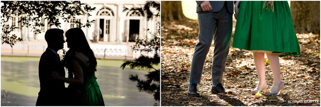 Two pictures of a couple in green dresses, taken at Prospect Park.