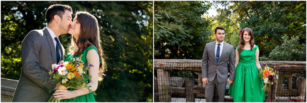 Two pictures of a couple kissing on the Boathouse Wedding bridge at Prospect Park.
