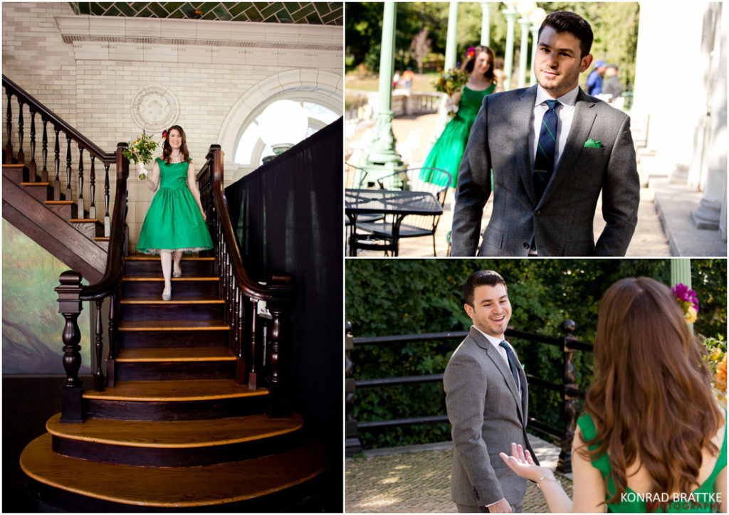 A man and a woman, both clad in elegant attire - a green suit for him and a green dress for her - standing at the Prospect Park Boathouse Wedding.