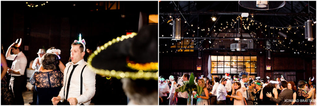 A group of people wearing hats at the 26 Bridge wedding.