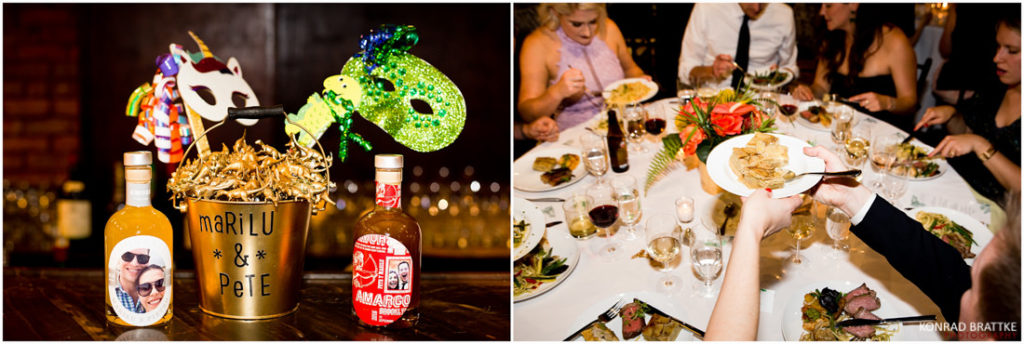 Two pictures of details from a wedding at 26 Bridge.
