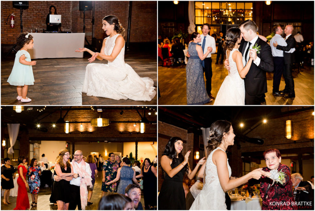 A collage of photos showing a bride and groom dancing at the 26 Bridge wedding reception.
