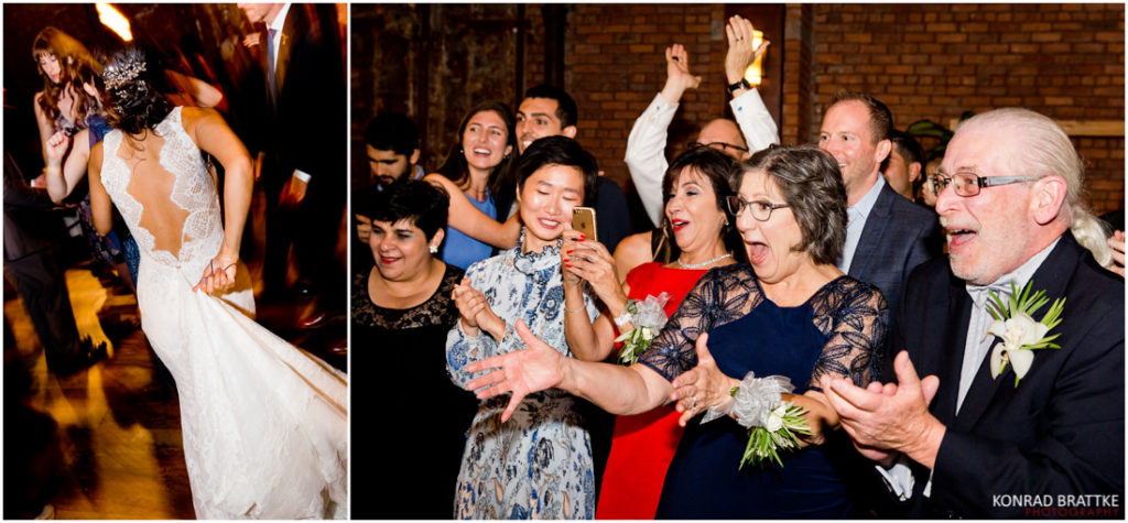 A bride and groom dancing at the 26 Bridge wedding reception.
