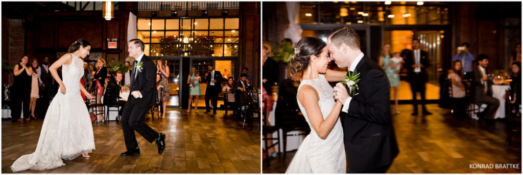 A bride and groom sharing their first dance at the 26 Bridge wedding reception.
