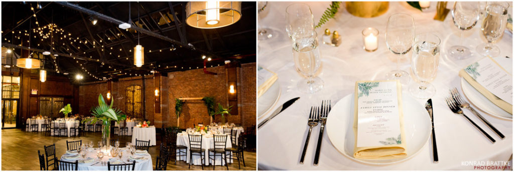 A wedding reception at 26 Bridge, a trendy warehouse venue, featuring elegant gold table settings.