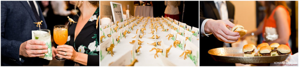 A group of pictures of people serving food at a 26 Bridge wedding.