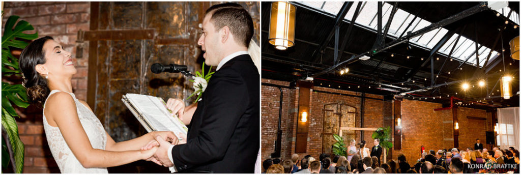 A bride and groom exchange vows in front of the 26 Bridge brick wall.