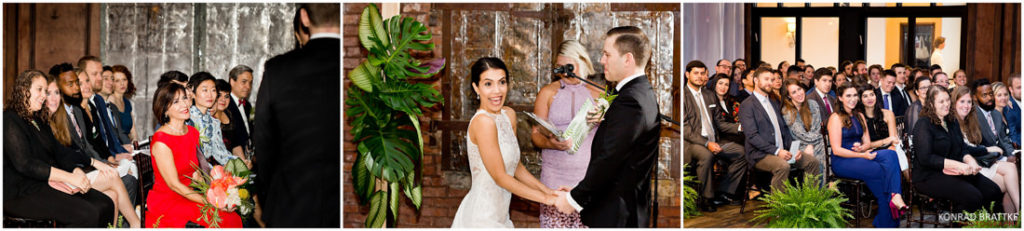 A group are sitting in front of a bride and groom.
