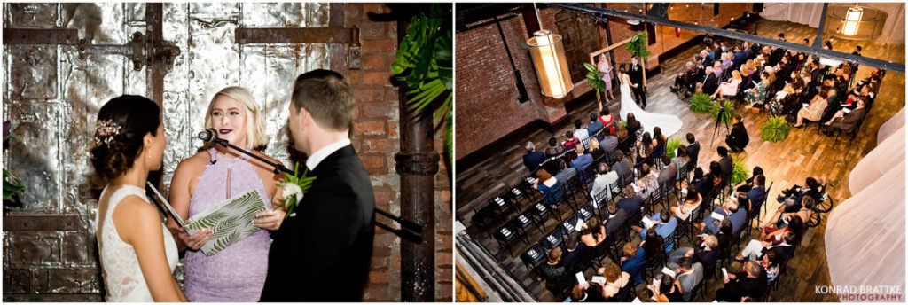 Two pictures of a wedding ceremony at the 26 Bridge indoor venue.