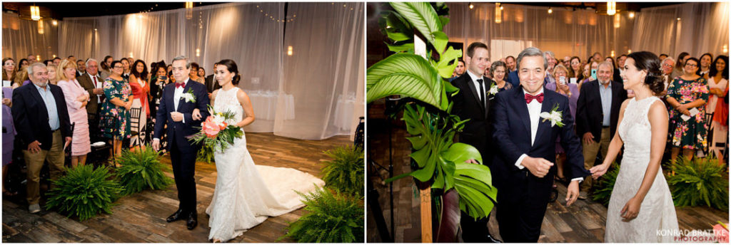 A bride and dad walk down the 26th Bridge aisle at their wedding.