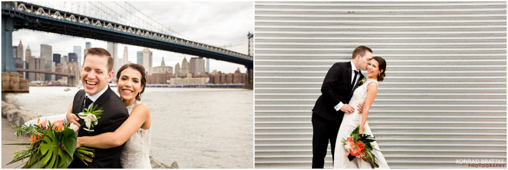 A couple posing in front of the Brooklyn Bridge, with hints of the 26 Bridge charm.