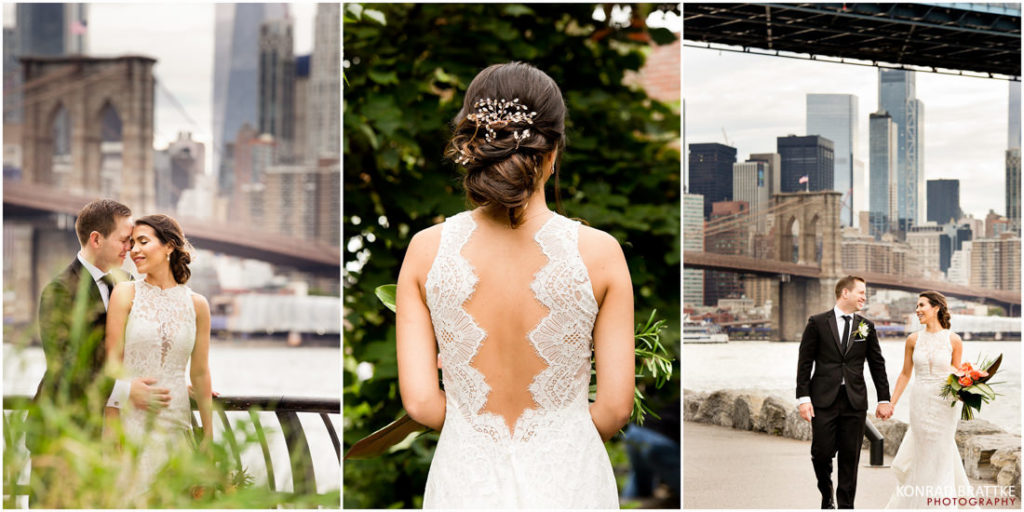 Bride and groom in front of the Brooklyn Bridge.