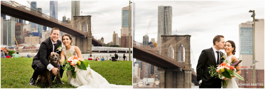 Two pictures of a bride and groom posing in front of the Brooklyn Bridge.