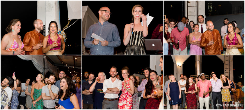 A collage of pictures of people at a Brooklyn Grange wedding.