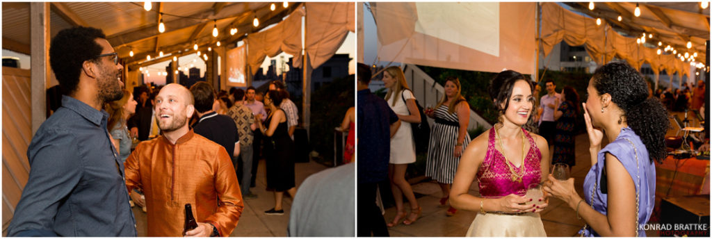 Two pictures of people at a Brooklyn Grange wedding under a tent.