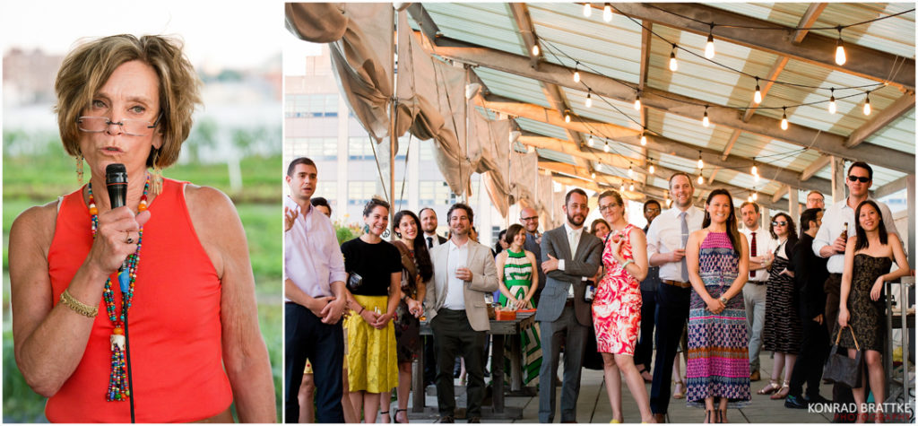 A woman is standing in front of a crowd of people at a Brooklyn Grange wedding.