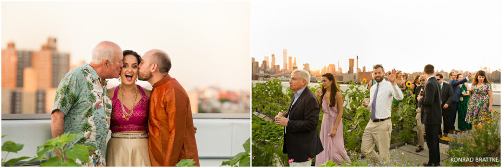 A couple sharing a romantic kiss on a scenic rooftop overlooking the bustling streets of New York City.