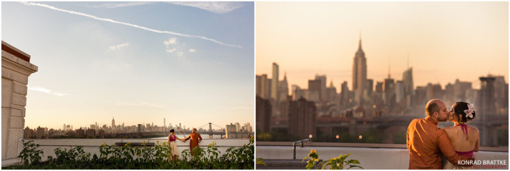 Two pictures of a couple on a rooftop overlooking the city at their Brooklyn Grange wedding.