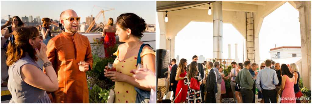 A group of people enjoying a Brooklyn Grange party on a rooftop.